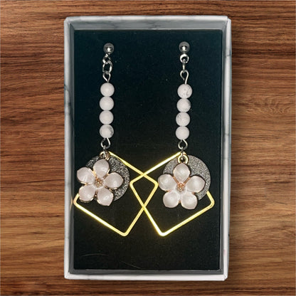 Geometric Floral Earrings - leaf + marble