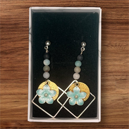 Geometric Floral Earrings - leaf + marble