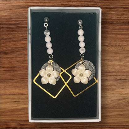 Geometric Floral Earrings - leaf + marble