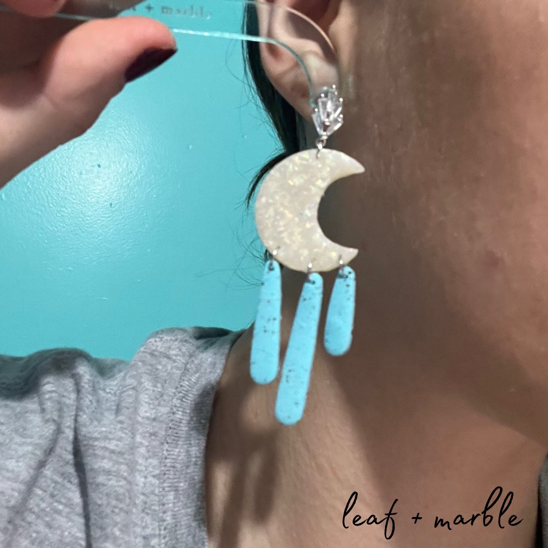 Opal + Turquoise Moon Dangle Earrings - leaf + marble