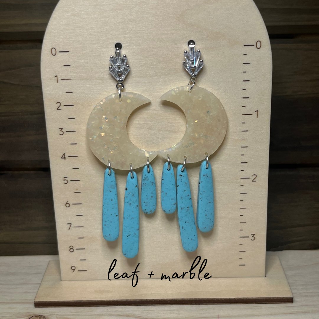 Opal + Turquoise Moon Dangle Earrings - leaf + marble