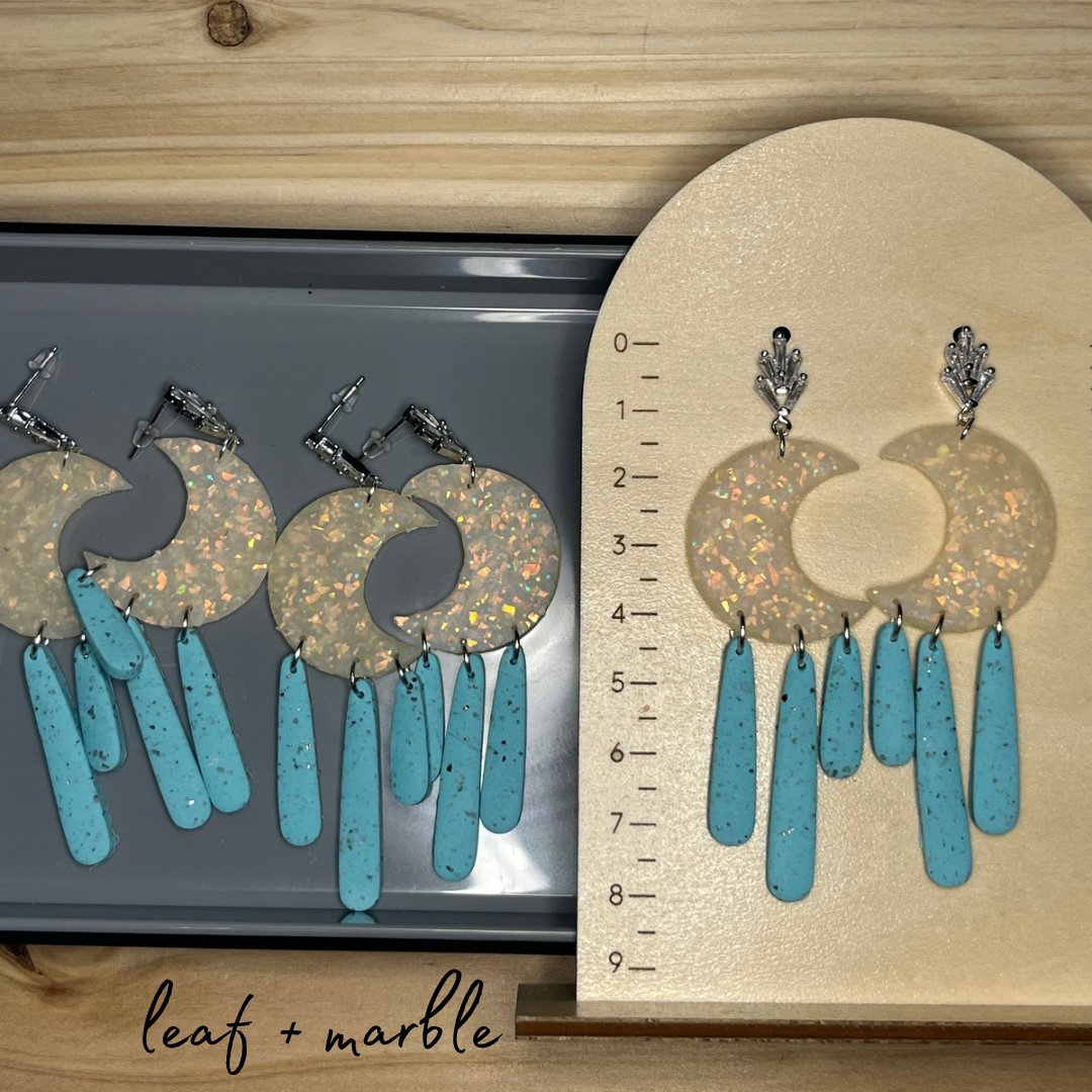 Opal + Turquoise Moon Dangle Earrings - leaf + marble