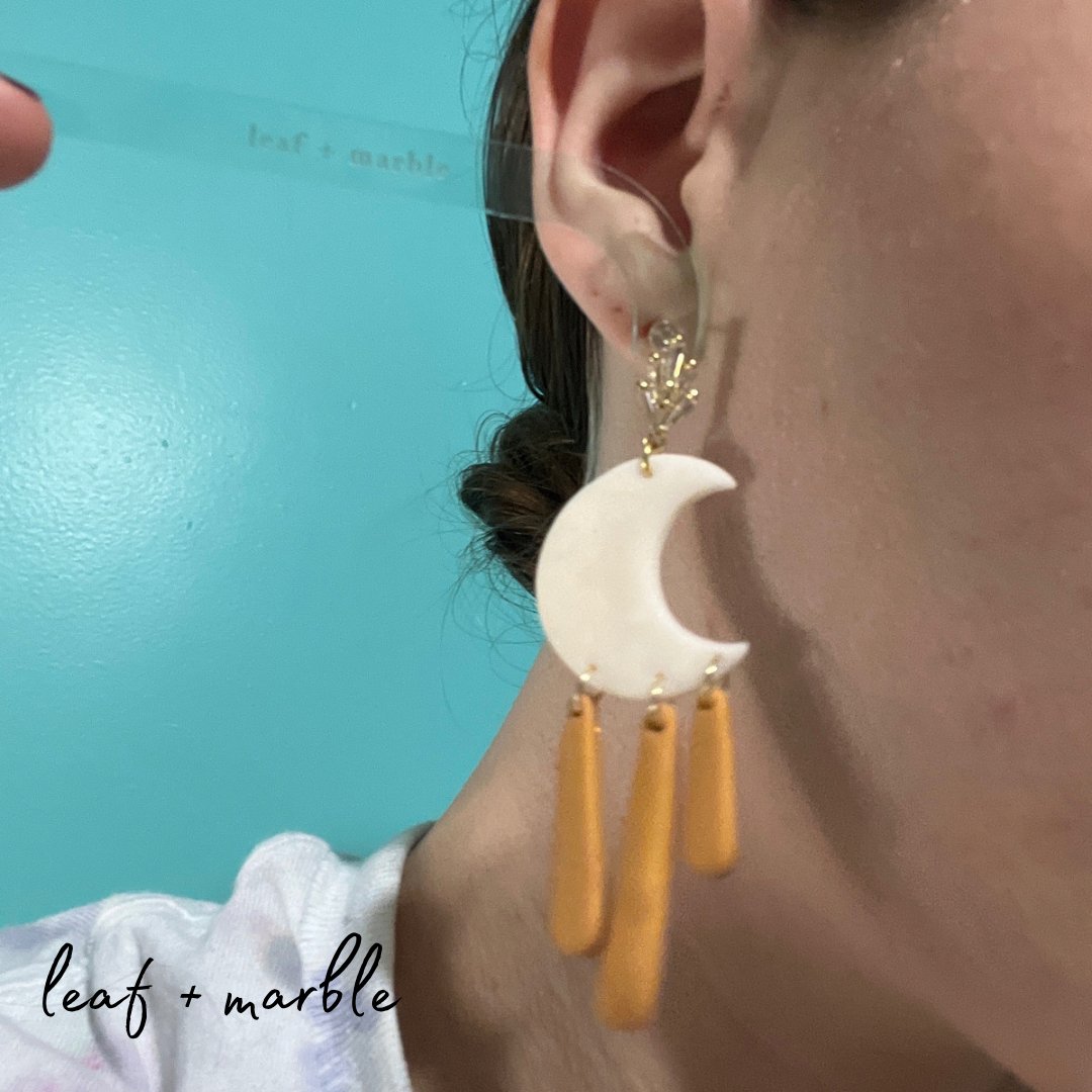 White & Gold Moon Dangle Earrings - leaf + marble