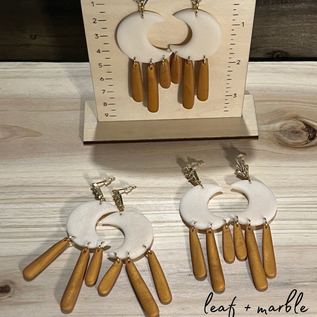 White & Gold Moon Dangle Earrings - leaf + marble