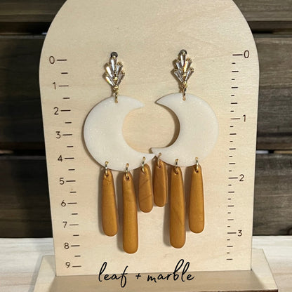 White & Gold Moon Dangle Earrings - leaf + marble